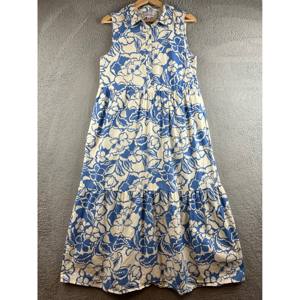 Tahari Arthur S Levine Blue White Floral Sleeveless Tiered Maxi Dress Size M